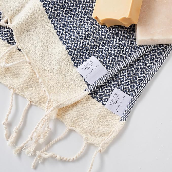 BAY LAUREL Turkish Hand Towel – Pack of 2 | Soft & Absorbent Decorative Towels for Bathroom, Hand, Face, Hair, Gym, Yoga, SPA, Kitchen & Tea | Boho Decor (Navy, Diamond 15x26 Inches (Set of 2)