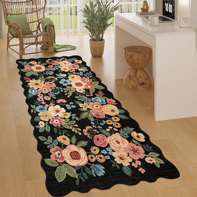 DUKINO 3x6 Runner Rug for Hallway, Washable Kitchen Rug Non Slip, Black | Low Pile, Stain Resistant, Soft Floral Throw Rugs for Entryway, Bedroom, Bathroom, Laundry, Pet Friendly, Modern Home Decor
