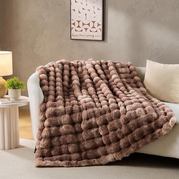 DOWNCOOL Faux Fur Throw Blanket for Couch, Soft Fluffy Fuzzy Plush Bubble Blanket for Sofa Bedroom Living Room, Cozy Warm Luxury Fleece Minky Blanket, 50x60 Inches Tie-dye Brown