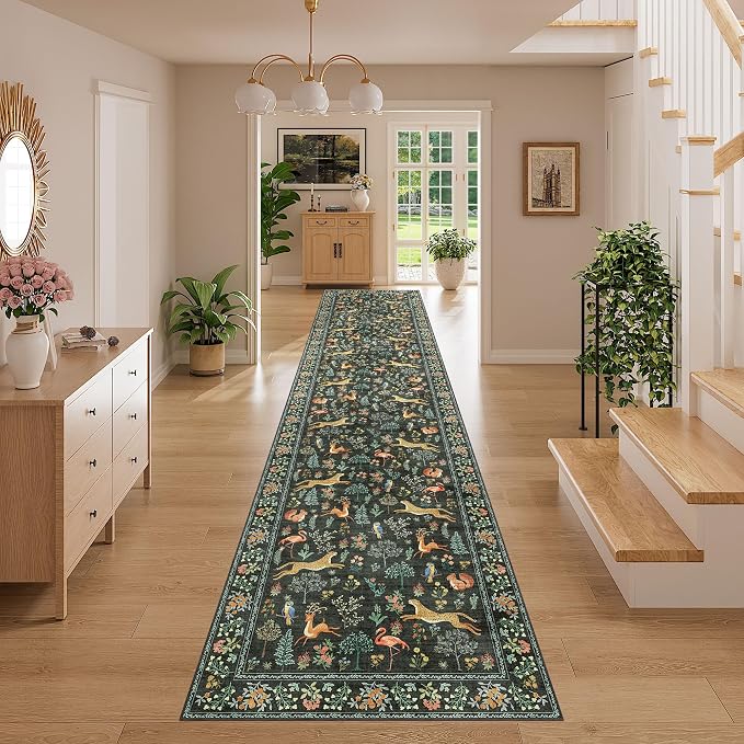 DUKINO 3x14 Runner Rug for Hallway, Washable Animal Kitchen Rugs, Black | Non Slip, Low Pile, Soft Indoor Long Runner Rug for Entryway, Bedroom, Bathroom, Laundry, Pet Friendly, Stain Resistant