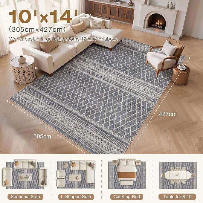 cotiled 10x14 Area Rugs Living Room Rug: Washable Boho Rugs with Non Slip Backing Large Soft Indoor Stain Resistant Carpet for Bedroom Farmhouse Dining Room Lightweight Home Decor Charcoal Grey