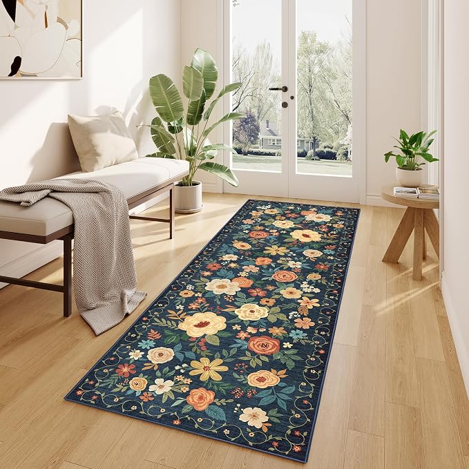 DUKINO 2x10 Runner Rug, Washable Kitchen Runner Rug Non Slip, Navy Blue | Soft, Low Pile, Floral Indoor Rug Runner for Hallway, Entryway, Bedroom, Bathroom, Pet Friendly, Home Decor, Stain Resistant