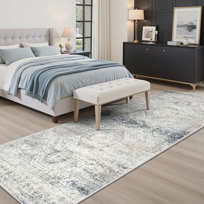 Soalmost Washable Runner Rug 2'6"x8' Kitchen Hallway Runners Blue/Ivory | Soft Non-Slip 2.5x8ft Carpet for Entryway Bathroom, Low Pile Vintage Foldable Floor Mat for Corridor Laundry Room Bedroom