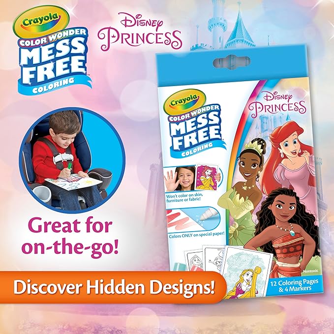Crayola Color Wonder Disney Princess Mini Box Set, 12 Coloring Pages & 4 Mess Free Markers, Toddler Coloring, Gift for Girls & Boys, 3+