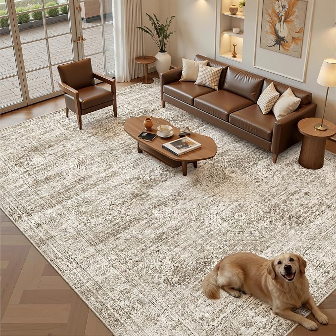 Soalmost 9x12 Area Rugs for Living Room Washable Rug Non-Slip Brown | Large Vintage Stain Resistant Carpet for Dining Bedroom, Low Pile Lightweight Foldable Floor Mat Nursery Home Office Decor