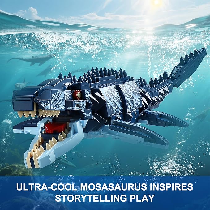 Dual Dinosaur Building Sets - Indominus Rex & Mosasaurus Dinosaur Toys with Poseable Joints, STEM Educational Toys for Kids Ages 6-12, Creative Birthday Gifts for Boys and Girls