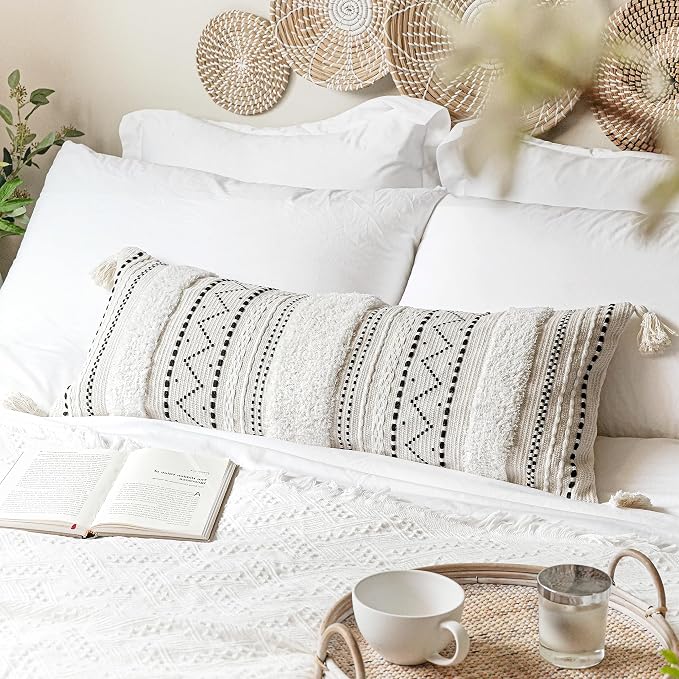 14x36 Lumbar Pillow Cover for Bed, Rectangular Long Decorative Throw Pillowcase, Boho Accent Cushion with Black Tufted Pattern and Tassels, Cream Neutral (Cover Only)