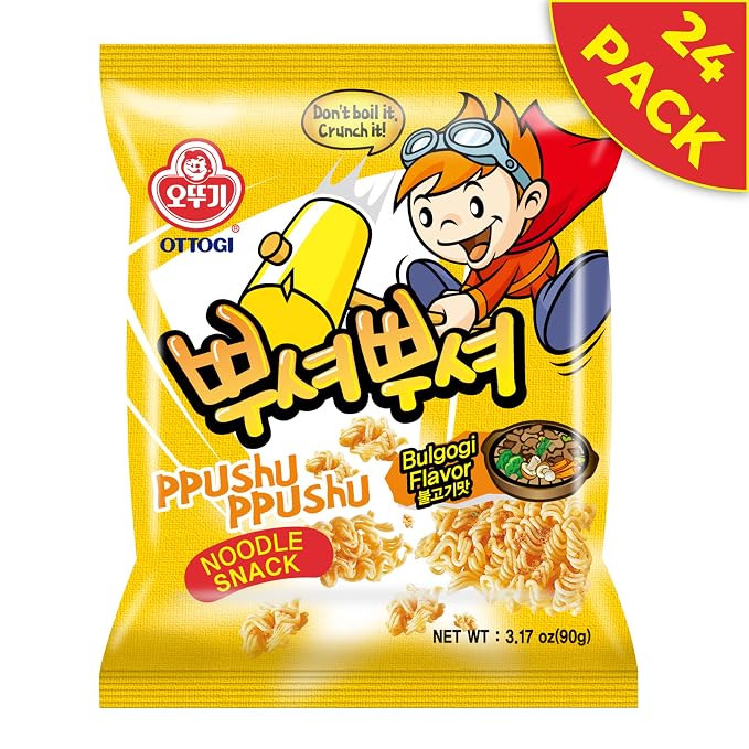 OTOKI Ppushu Ppushu Noodle Snack Bulgogi Flavor, Korean Ramen Snack, Crush to Eat, 90g, 24 Pack