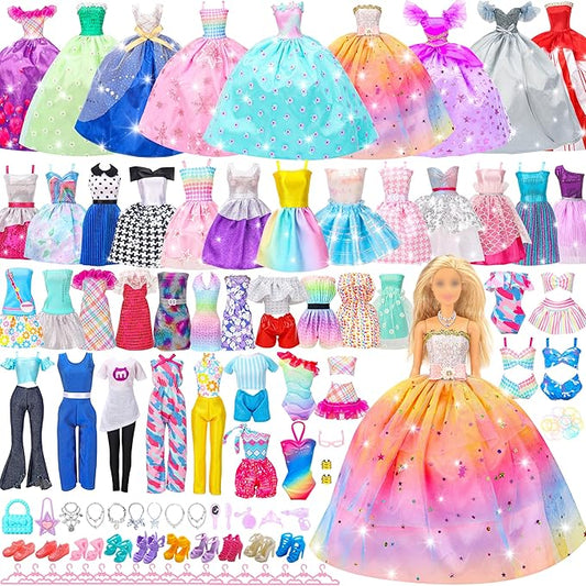Style Shine 70 Pcs Doll Clothes and Accessories,2 Wedding Gown 6 Fashion Dresses 2 Set Casual Outfits 1 Top 1 Pant Bikini 1 Swimsuit,20 Hanger 10 Shoe 27 Accessories Toys for Girls Kids Birthday Gift