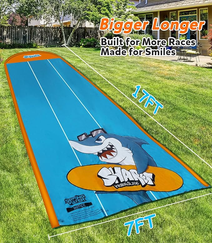 Spring Water Slip and Water Slide for Kids Backyard, 17ft*3 Racing Lanes Slip Water Slides with Sprinkler for Age 5-8 8-12, Summer Outdoor Water Toy with 3 Inflatable Bodyboards