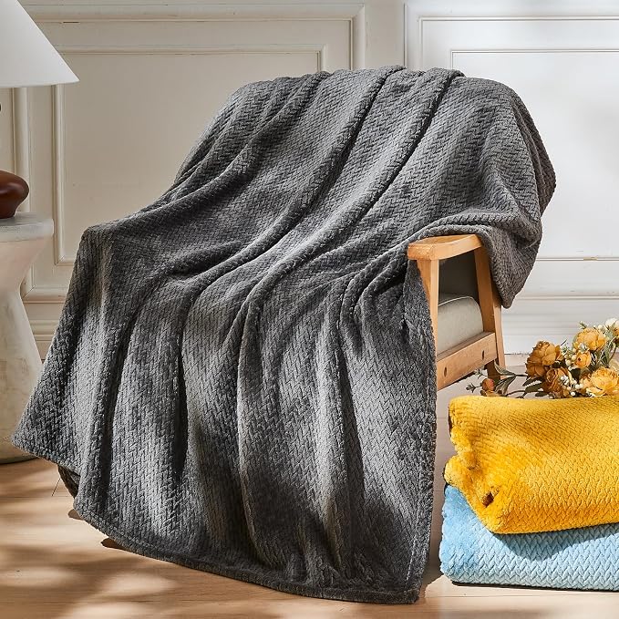 NEWCOSPLAY Fleece Leaves Pattern Throw Blanket, Dark Grey, 50"x60" | Super Soft Throw Blanket, Lightweight Cozy Bed Sofa Blanket, Premium Silky Flannel Fleece, Travel Blanket for All Season Use