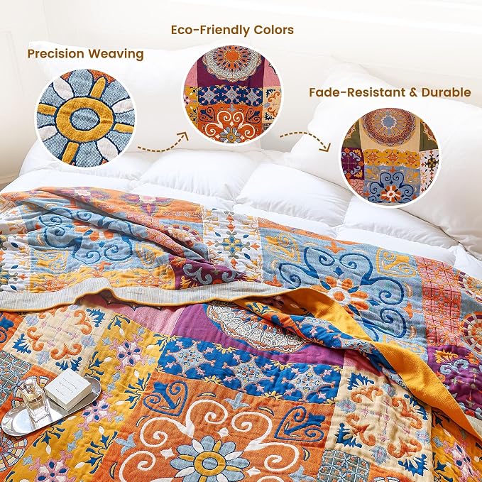 MSGKV Boho Throw Blanket 90"x90" Summer Cotton Queen Roman Blanket for Bed | Muslin Throw, Queen Size Blanket, Reversible Woven, Lightweight Comfort, Farmhouse Decor, All Seasons, Machine Washable