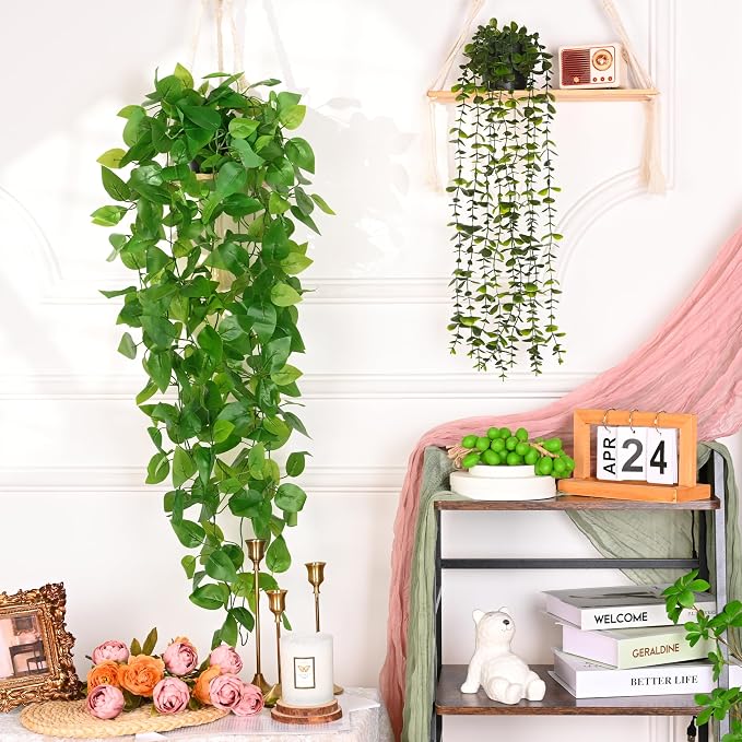 Waipfaru 2Pcs Fake Hanging Plants with Pot, Potted Faux Eucalyptus | Fake Vines Ivy Artificial Plants Outdoor Faux Plants Indoor Bedroom Living Room Boho Wall Porch Shelf Decor