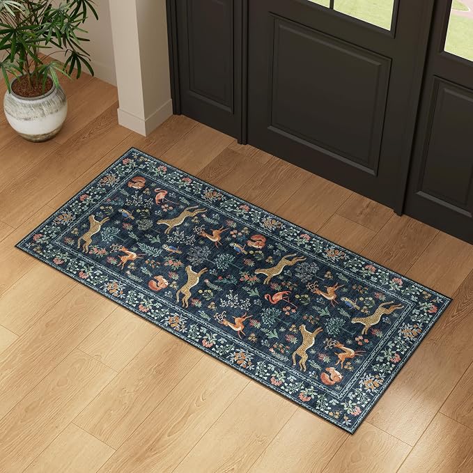 DUKINO 2x4 Rug for Entryway, Animal Washable Rug for Kitchen, Navy Blue | Non Slip, Low Pile, Stain Resistant Indoor Runner Rug for Hallway, Bedroom, Bathroom, Laundry, Pet Friendly, Non-Shedding