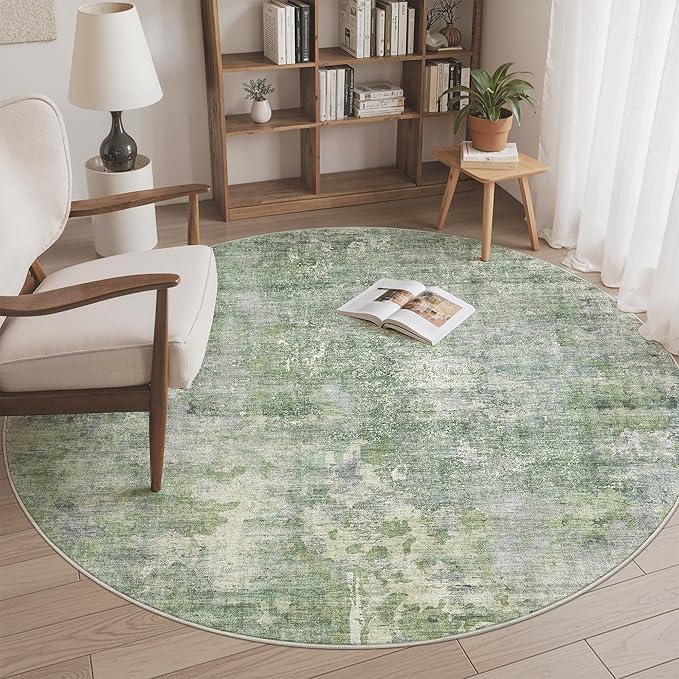 Soalmost Abstract 6x6 Round Rug 6ft Circle Living Room Rugs, Green/Ivory | Washable Vintage Indoor Carpet for Dining Bedroom, Low Pile Stain Resistant Foldable Floor Mat Entryway Home Office Decor