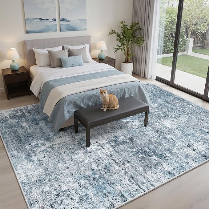 Soalmost Abstract Area Rug 6x9 for Living Room Washable Rugs Blue/Grey | Non-Slip Low-Pile Carpet for Dining Bedroom, Foldable Thin Vintage Stain Resistant Floor Mat Under Table Home Office Nursery