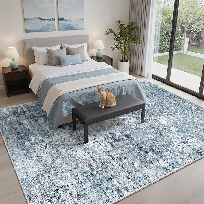Soalmost Abstract 7x9 Area Rug for Living Room Washable Rugs Blue/Grey | Non-Slip Low-Pile Carpet for Dining Bedroom, Foldable Thin Vintage Stain Resistant Floor Mat Under Table Home Office Nursery