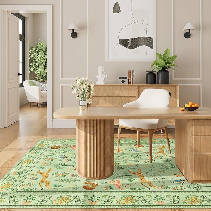DUKINO 3x5 Rug, Washable Animal Area Rug for Bedroom Non Slip, Light Green | Low Pile, Stain Resistant, Soft Indoor Carpet for Living Room, Kitchen, Dining Room, Nursery, Lightweight, Pet Friendly