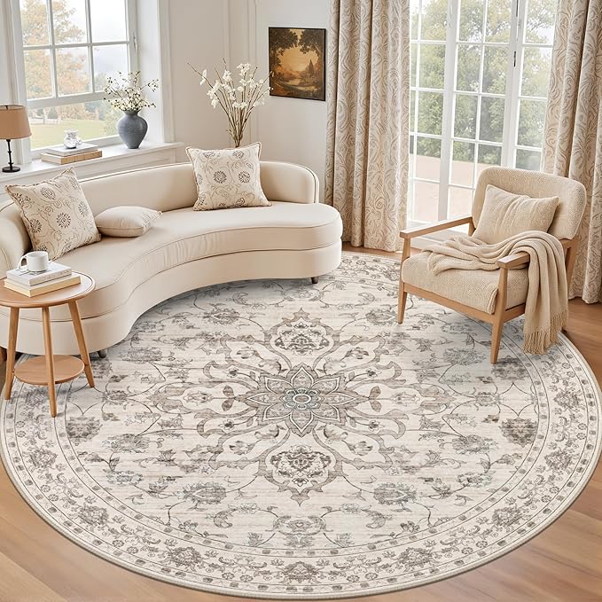 Round Area Rug for Living Room: 6ft Washable Vintage Boho Soft Thin Circle Rug Indoor Floor No Slip Stain Resistant Carpet for Bedroom Dining Room Farmhouse Nursery Home Office - Brown Beige