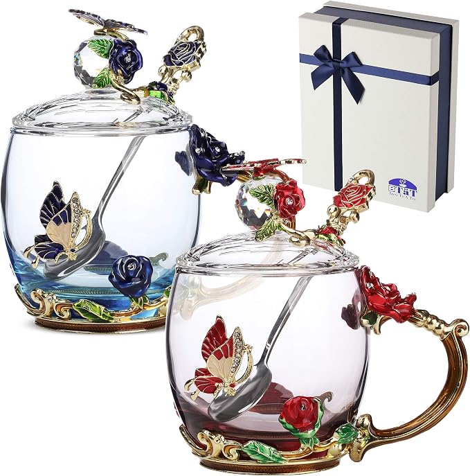 BTaT- Floral Glass Tea Cups with Lids & Spoon Set, Pack of 2, 11 oz, Blue & Red, Flower Design with Gift Box, Fancy Tea Cups, Dishwasher Safe