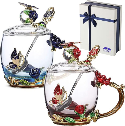 BTaT- Floral Glass Tea Cups with Lids & Spoon Set, Pack of 2, 11 oz, Blue & Red, Flower Design with Gift Box, Fancy Tea Cups, Dishwasher Safe