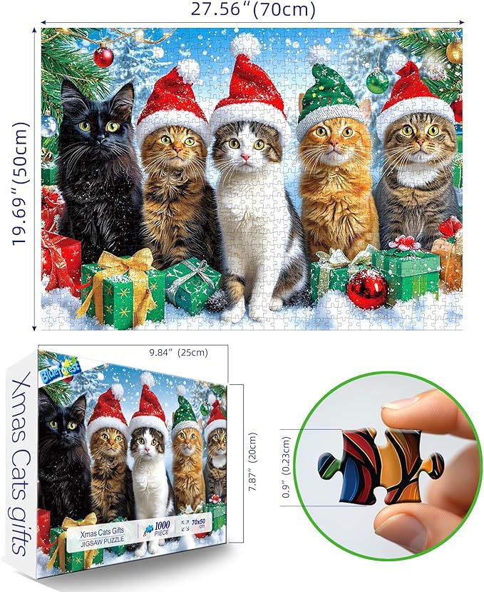 Christmas Cats Gathering 1000 Piece Puzzle for Adults, Fun Puzzles for Adults 1000 Pieces with HD Print & Poster, 27.5 * 19.7 in Dust Free, for Gifts Halloween Christmas Family Games Lovers
