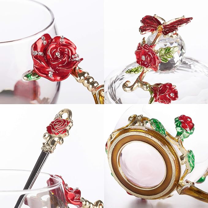 BTaT- Floral Glass Tea Cups with Lids & Spoon Set, Pack of 2, 11 oz, Blue & Red, Flower Design with Gift Box, Fancy Tea Cups, Dishwasher Safe