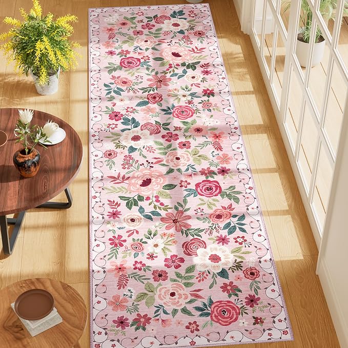 DUKINO 2x7 Runner Rug for Hallway, Washable Runner Rug Non Slip, Pink | Low Pile, Soft Indoor Carpet Runner for Kitchen, Bedroom, Bathroom, Entryway, Laundry, Pet Friendly, Home Decor, Lightweight