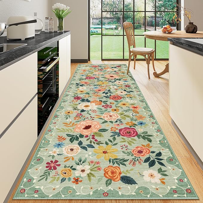 DUKINO 3x10 Runner Rug, Floral Washable Kitchen Runner Rug Non Slip, Green | Soft, Low Pile, Stain Resistant Indoor Rug Runner for Hallway, Entryway, Bedroom, Bathroom, Modern Home Decor, Pet Friendly