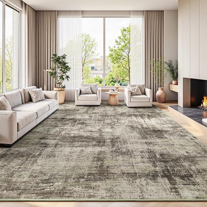 9x12 Area Rug for Living Room, Abstract Washable Non-Slip Large Rugs, Brown | Neutral Carpet for Bedroom, Dining Room, Home Office, Nursery,Indoor, Stain Resistant, Non-Slip, Low Pile, Modern Rug