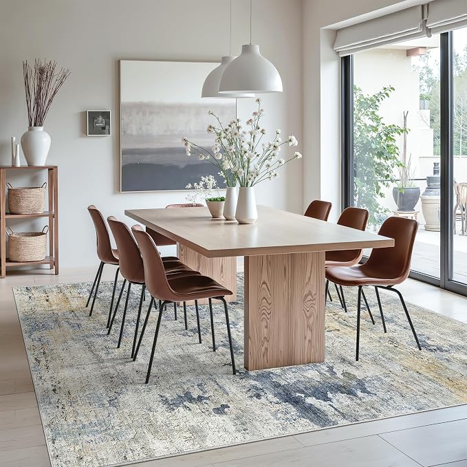 Soalmost Abstract Rug 8x10 Large Living Room Area Rugs Washable Blue/Yellow | Modern Non-Slip Carpet for Dining Bedroom, Stain Resistant Foldable Thin Low Pile Floor Mat Under Table Home Office Decor