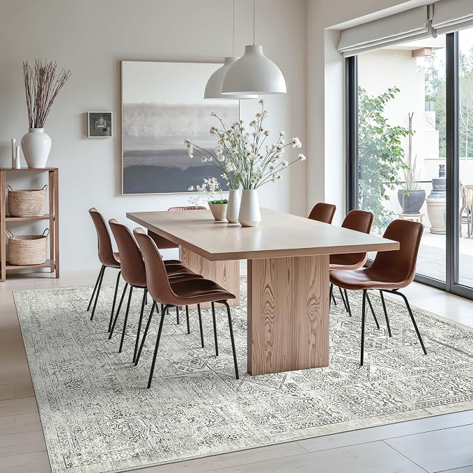 Soalmost Washable Area Rug 8x10 Large Soft Living Room Rugs Light Gray | Farmhouse Vintage Carpet Non-Slip for Dining Bedroom, Stain Resistant Low Pile Foldable Thin Floor Mat Under Table Home Decor