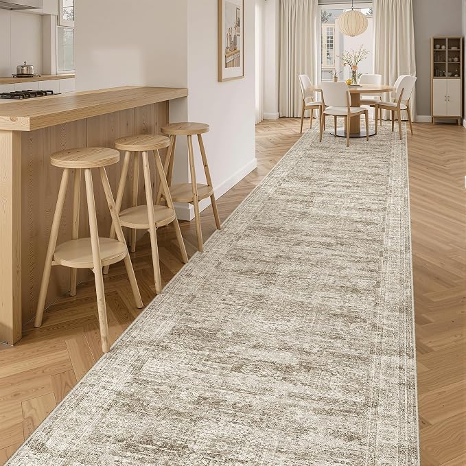 Soalmost Washable 3x14 Hallway Runner Rug Non-Slip Kitchen Entry Rugs Brown | Vintage Long Runners 14ft for Bathroom Entryway, Foldable Low-Pile Wide Floor Carpet Mat for Corridor Living Room Bedroom