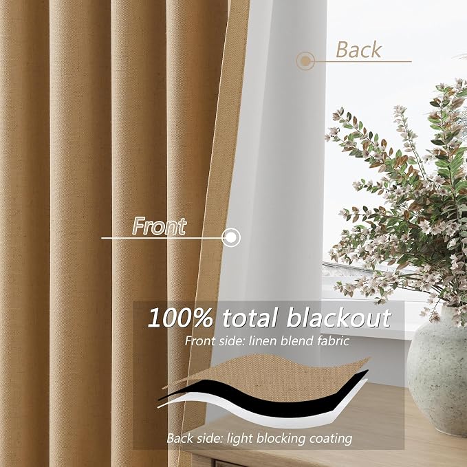 Guken 100% Blackout Linen Curtains 96 Inch Length 2 Panels Set for Living Room Bedroom Back Tab Thermal Insulated Black Out Linen Drapes Room Darkening Window Curtains,Camel Brown