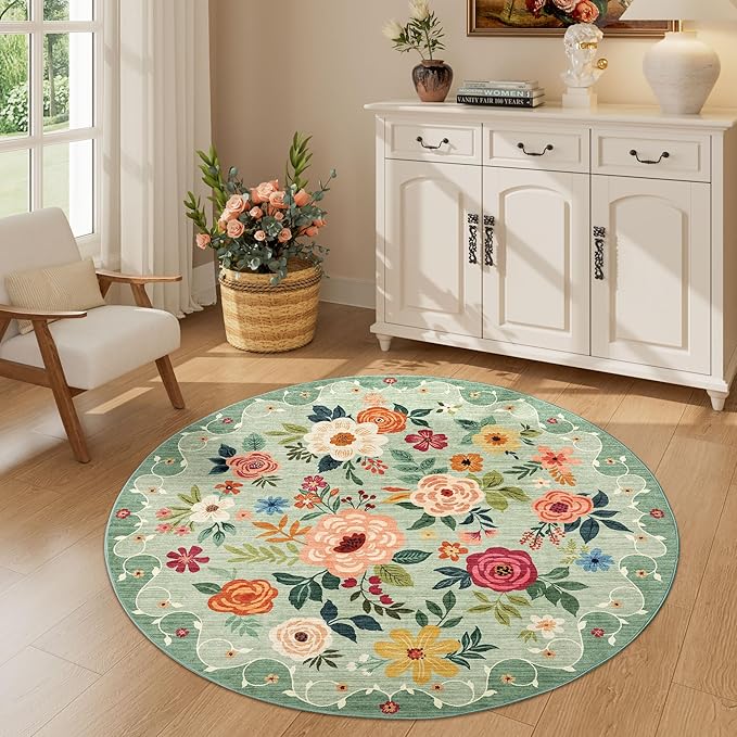 DUKINO 4ft Round Rug, Floral Washable Small Round Area Rug Non Slip, Green | Soft, Low Pile, Stain Resistant Indoor Circle Rug for Bedroom, Kitchen, Kids Room, Living Room, Pet Friendly, Home Decor