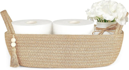 Mkono Toilet Paper Basket, Boho Bathroom Decor, Small Storage Organizer | Brown, 13"L x 6"W, Back of Toilet Basket, Decorative Woven Tray with Handles, Space-Saving, Living Room Bedroom, 1 Pack