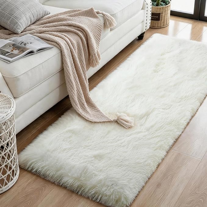 KCHOWUA Cream White Thick Fluffy Area Rug 2x6, 2 Pcs Washable Fuzzy | Soft plush shaggy throw rug Ivory for girls bedroom, living room, kids room, dorm, and nursery