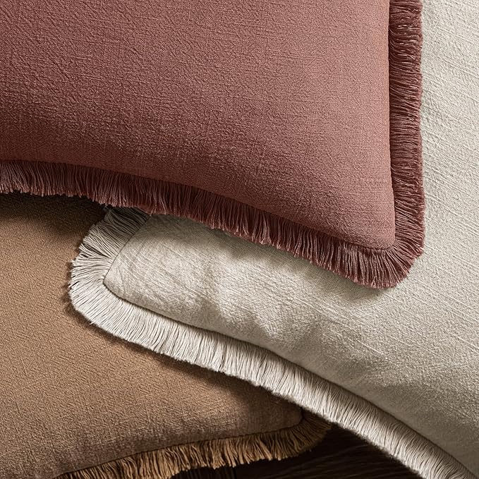 MIULEE Linen Fringe Decorative Fall Throw Pillow Covers Autumn Glaze 20x20 | Set of 2, Cottagecore Decor, Boho Farmhouse Neutral Pillow Covers, Rustic Fall Couch Cushion Cases for Sofa Bed Living Room