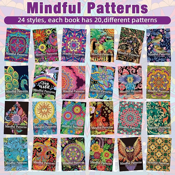 Liliful 24 Pcs Mindful Coloring Book Bulk for Adult DIY Art Stress Relief Drawing Book with Relaxing Mindfulness Patterns for Adults, Party Favors, Goodie Bag Filler and Holiday Gifts