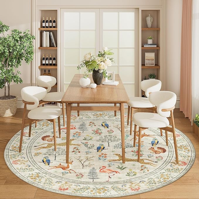 DUKINO 6ft Round Rug for Bedroom, Washable Soft Non Slip Circle Rug, Beige | Low Pile, Stain Resistant, Animal Indoor Carpet for Living Room, Kitchen, Dining Room, Nursery, Farmhouse, Pet Friendly