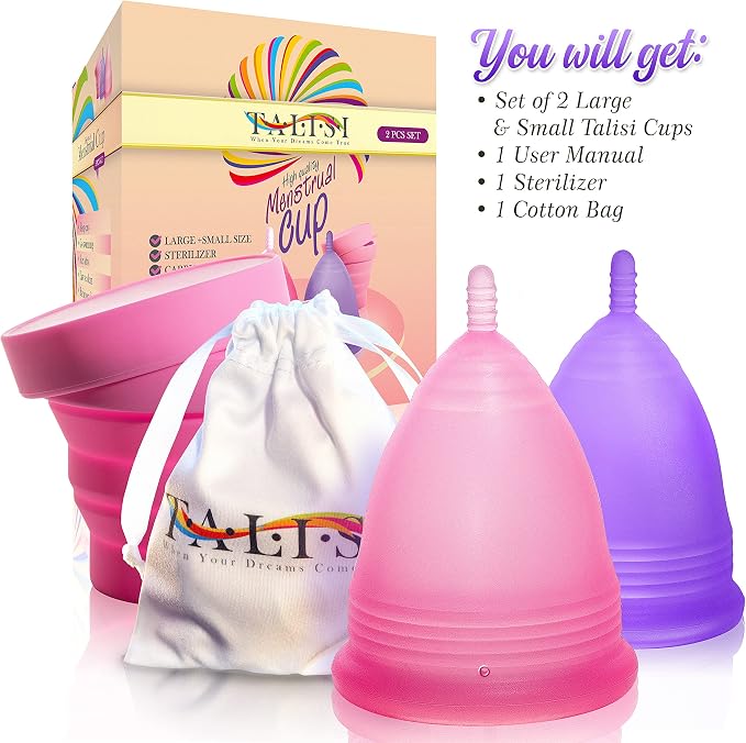 Talisi Menstrual Cups Set of 2 (Small & Large) Super Soft Reusable Period Kit with Collapsible Silicone Sterilizer Case, Storage Bag Menstruation Feminine Copa for Teens, Beginners, Heavy Flow