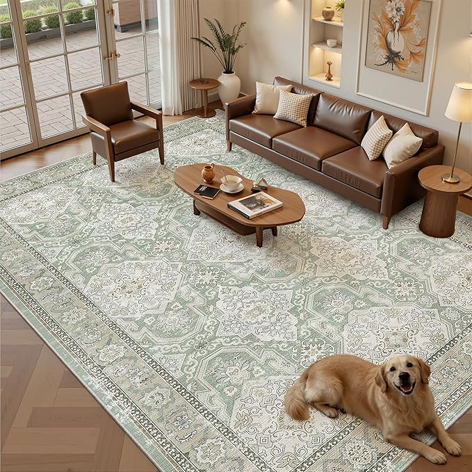 Soalmost 9x12 Area Rugs for Living Room Washable Rug Non-Slip Green/Brown | Large Vintage Stain Resistant Carpet for Dining Bedroom, Low Pile Lightweight Foldable Floor Mat Nursery Home Office Decor