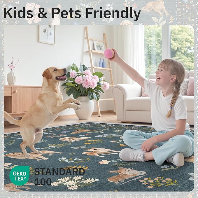 Soalmost Dog 8x10 Area Rugs for Living Room, Washable Soft Rug Navy Blue | Floral Vintage Non-Slip Low Pile Cute Animal Throw Large Rugs for Classroom Bedroom Dining Room Nursery Playroom 8' x 10'