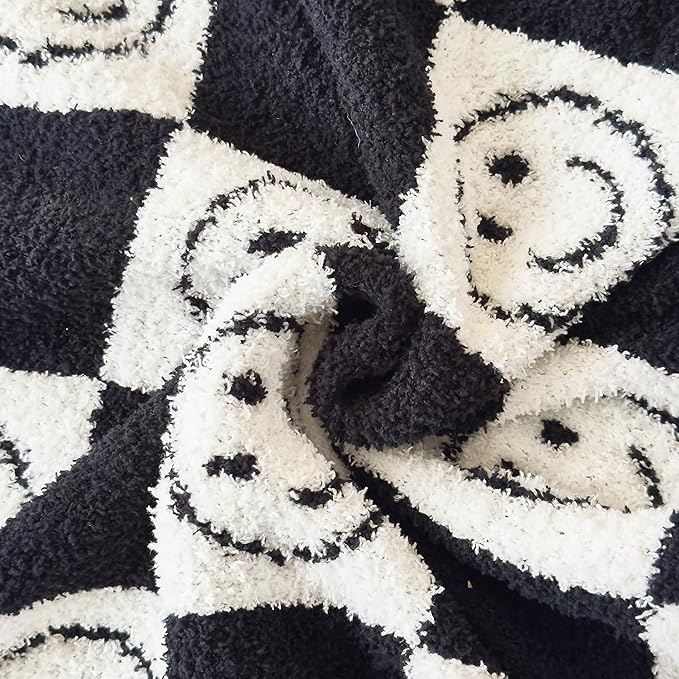 Pack of 2 Ultra Soft Cozy Happy Smiling Face Checkered Knitted Throw Pillow Cover Fluffy Microfiber pillocase Decorative for Sofa Bed 18 Inches Both Sides (Black)