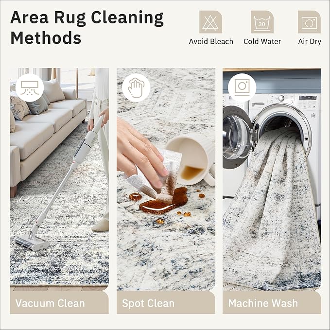 Soalmost Washable Runner Rug 2'6"x8' Kitchen Hallway Runners Blue/Ivory | Soft Non-Slip 2.5x8ft Carpet for Entryway Bathroom, Low Pile Vintage Foldable Floor Mat for Corridor Laundry Room Bedroom
