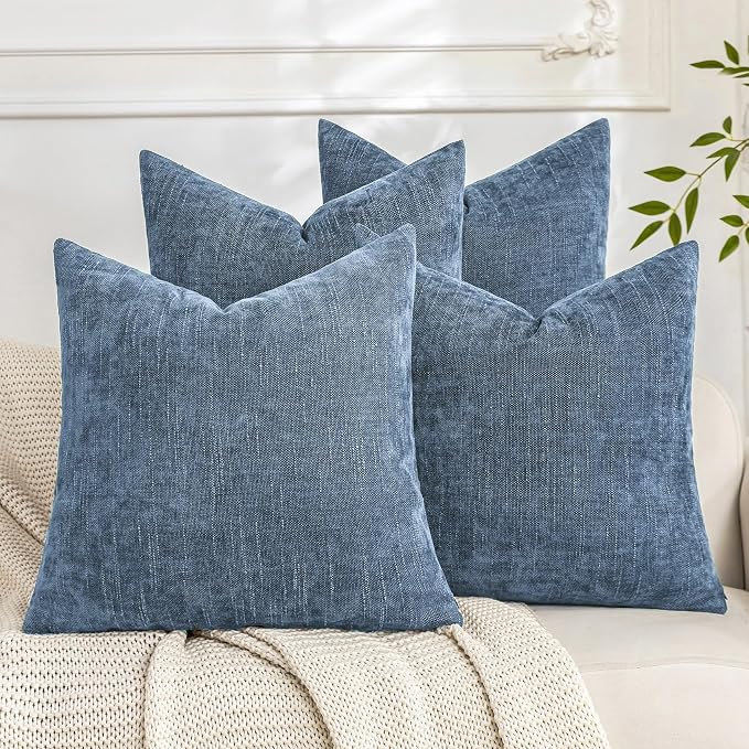 Set of 4 Soft Textured Decorative Throw Pillow Covers 18x18 Inch Cozy Farmhouse Cushion Cover Square Accent Pillow Cases for Bed Couch Sofa Living Room, Smoke Blue