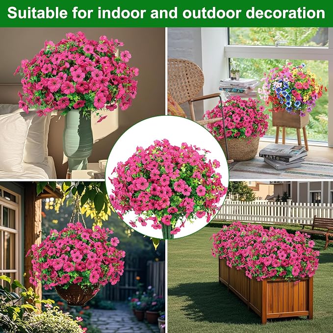 Ouddy Decor 24 Pcs Artificial Flowers for Outdoors Decorations, Rose Red | Lifelike silk flowers, UV resistant, faux plastic plants, for garden porch window table vase home indoor outdoor decor
