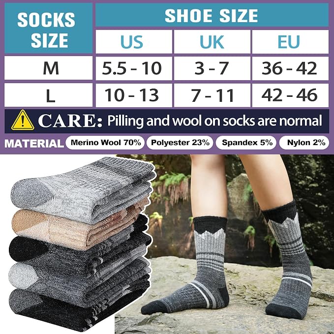 Sandsuced Merino Wool Hiking Warm Socks Thermal Winter Cozy Crew with Cushioned Sole & Moisture Wicking 5 Pairs for Women