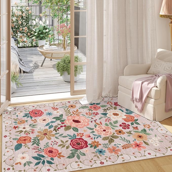 DUKINO 2x3 Entryway Rug, Floral Door Mat Soft Washable Rug Non Slip, Beige | Low Pile, Non-Shedding Small Rug for Kitchen, Entrance, Bedroom, Bathroom, Pet Friendly, Stain Resistant, Modern Home Decor