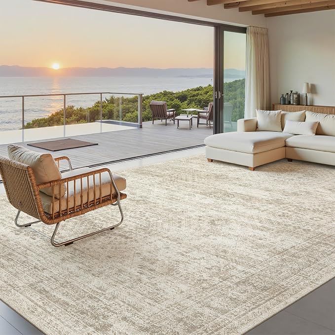 Soalmost 7x10 Area Rug for Living Room Washable Rugs Non-Slip Beige | Low-Pile Vintage Carpet for Dining Bedroom, Foldable Thin Stain Resistant Floor Mat Under Table Home Office Nursery Decor